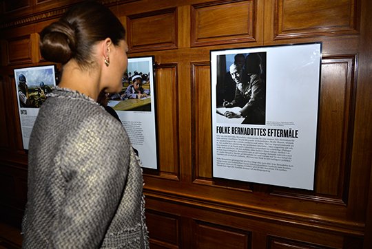 Pregnant Crown Princess Victoria of Sweden attends an opening of an exhibition devoted to Count Folke Bernadotte’s activities at the Mediterranean Sea Museum