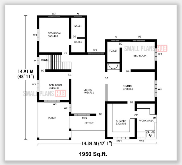2990 Sq.ft. 5 Bedroom Double Floor - Ground Floor Plan