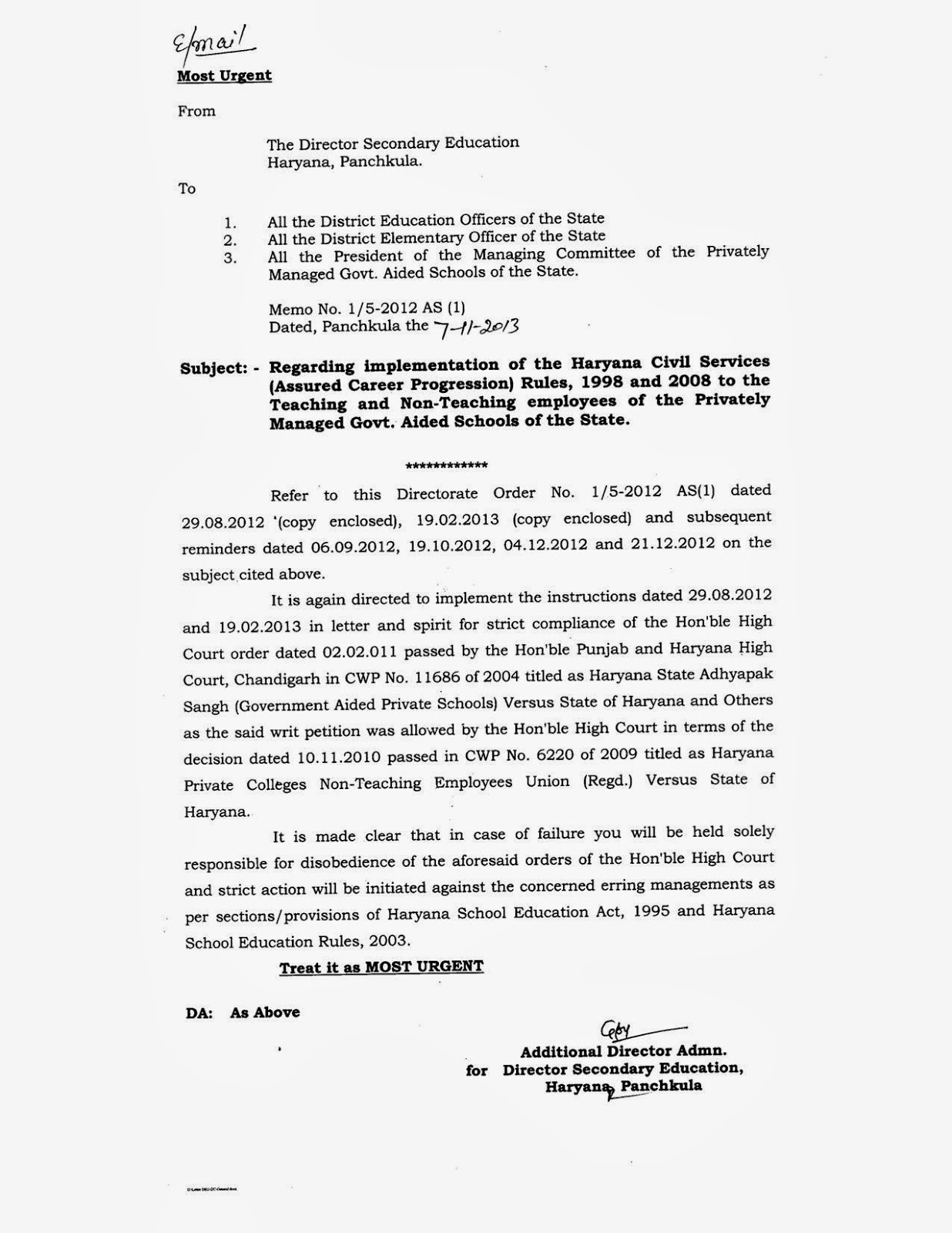 Regarding implementation of the Haryana Civil Services (A.C.P. Assured