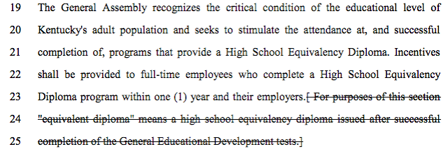 A screenshot of house bill 195 showing a section that talks about the GED test crossed out