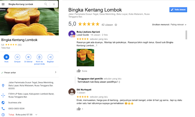 Tampilan Google Bisnisku Bingka Kentang Lombok