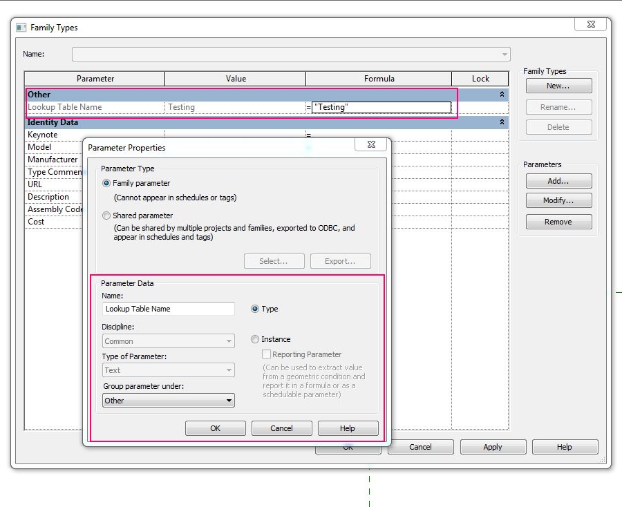 The BIM Data Loop in “Lookup Table Name” Parameter