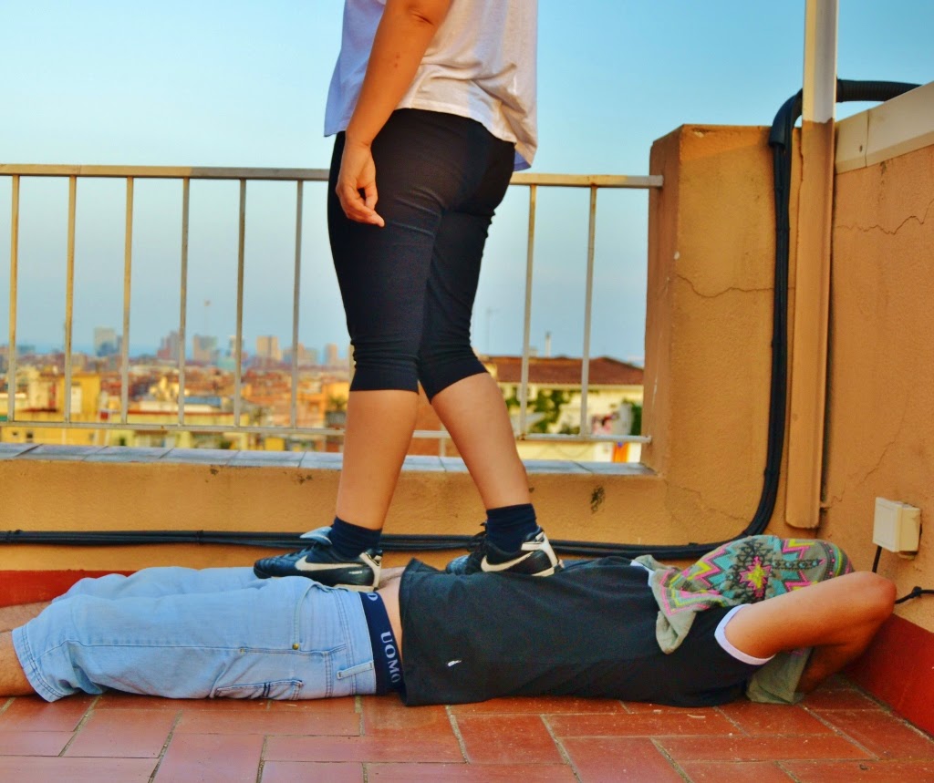 crushandtrampling Trampling with black nike and meshes on the terrace