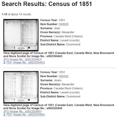 Screen capture of the Library and Archives Canada Census of 1851 partial search results for Alexander of Drummond Sub-District, Lanark District.