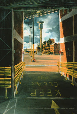 Plein air oil painting of Harbour Control Tower from East Darling Harbour Wharves (now Barangaroo) painted by industrial heritage artist Jane Bennett