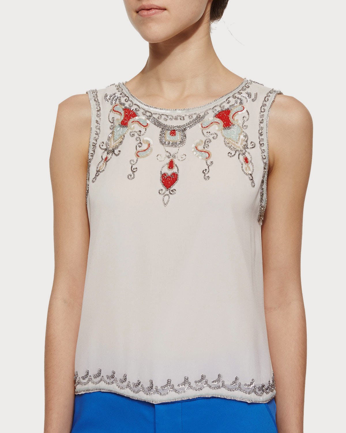 What Is Best Cecille Beaded Sequined White Silk Top and Signature Cady ...