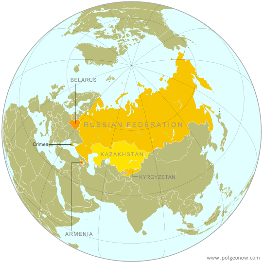 Map of the Eurasian Economic Union (EEU), also known as the Eurasian Union. Includes new member Kyrgyzstan, as well as prior members Russia, Belarus, Kazakhstan, and Armenia, and disputed territory Crimea