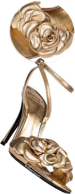 Valentino Garavani Atelier golden metallic floral appliqué leather stiletto heel sandals #brilliantluxury Valentino Garavani Atelier golden metallic floral appliqué leather stiletto heel sandals #brilliantluxury
