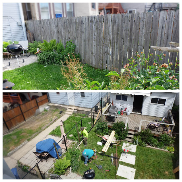 old fence before and during installation