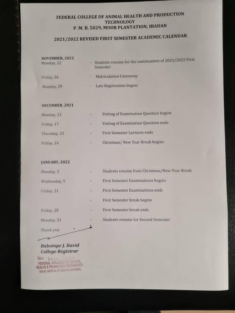 FCAHPT Ibadan Academic Calendar Schedule 2020/2021