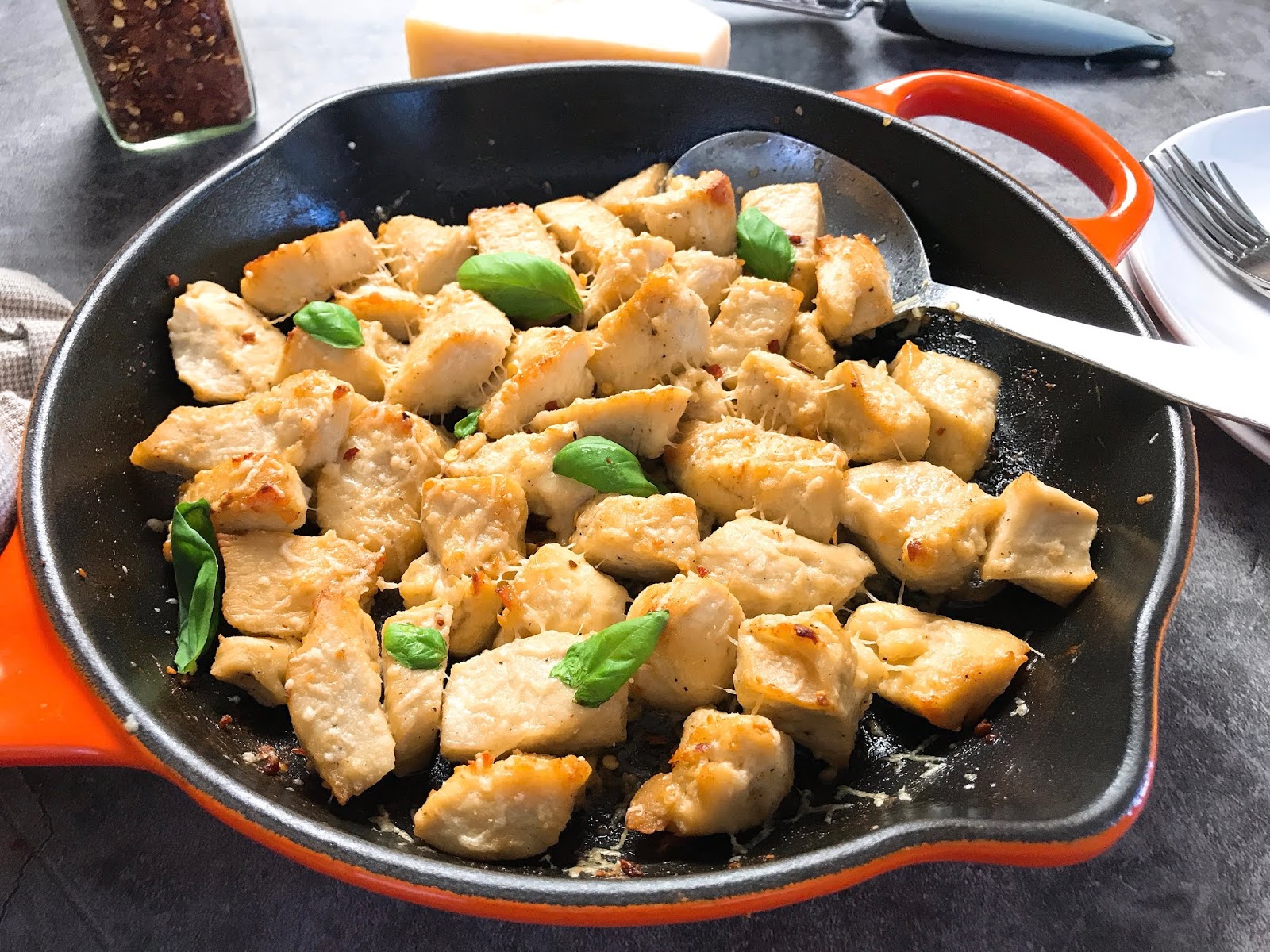 Skillet GarlicParmesan Chicken with Red Pepper Flakes