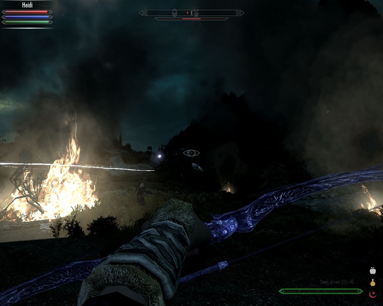 night, big fire on the left, someone is hitting a dragon almost visible in darkness with a beam of magical energy