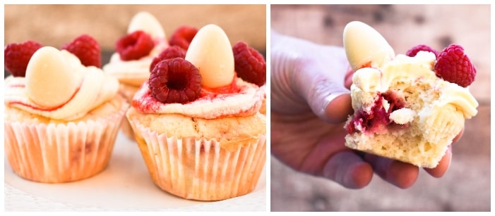 Making raspberry & white chocolate cupcakes - step 9 - cupcakes topped with buttercream, raspberries and mini eggs