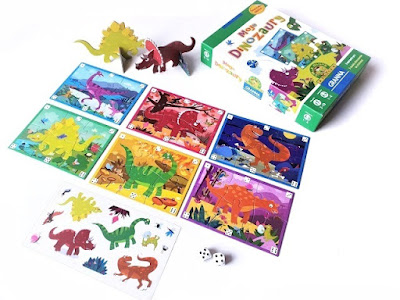 gra na prezent dla dziecka, na zdjęciu elementy gry moje dinozaury czyli puzzle i kostki