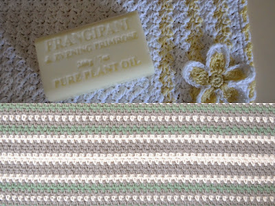 Collage of two photos. Top: Frangipani face washer; bottom: 'Love Scarf' with lengthwise stripes of grey, cream and bottle green.