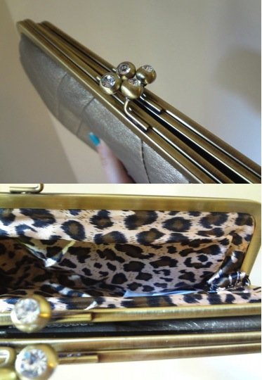 Gold clutch, jewel closure, leopard print lining