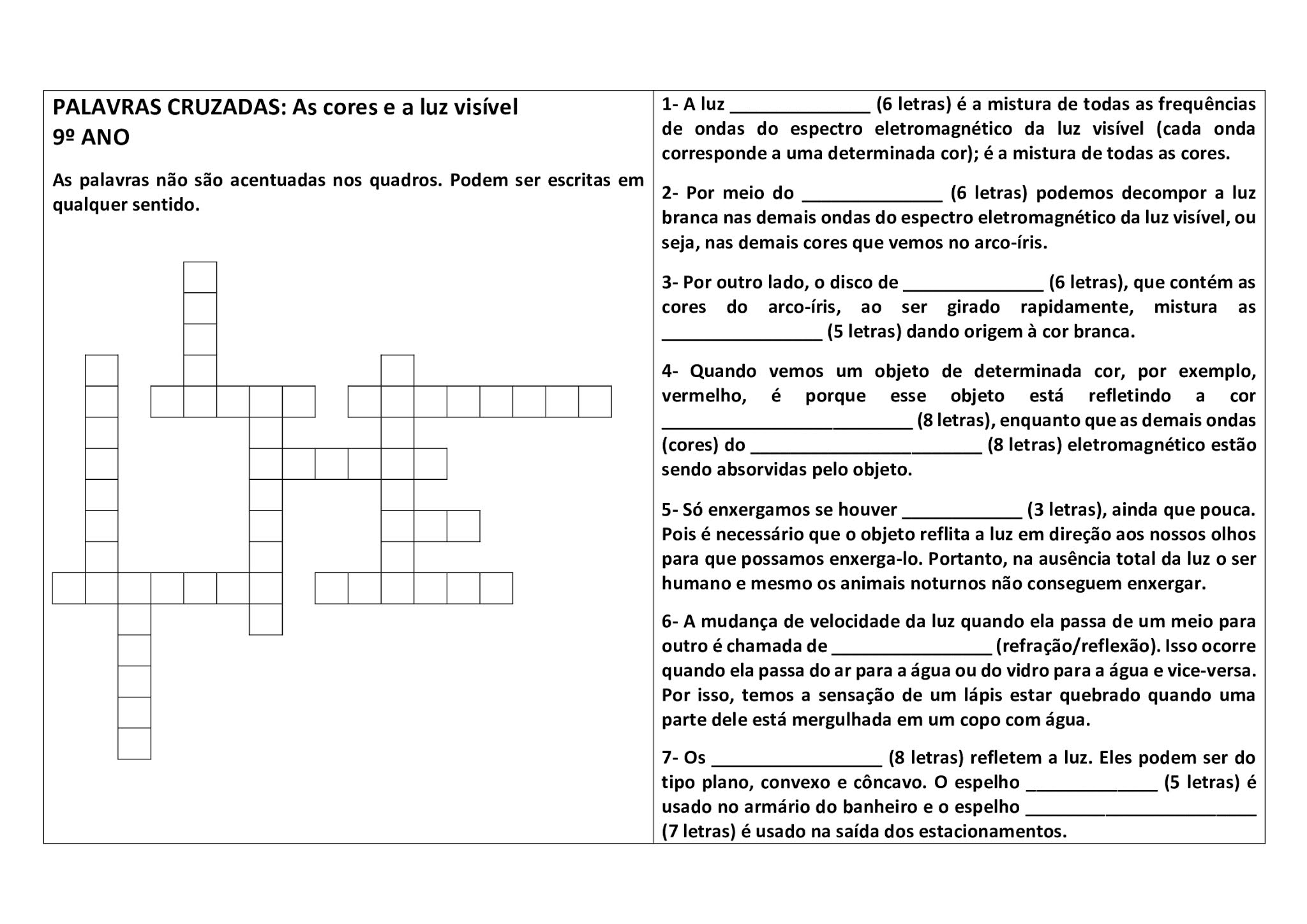 Questão Analise o esquema de um jogo de palavras cruzadas. As