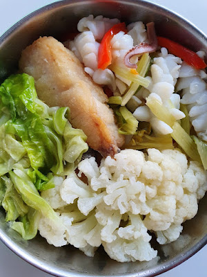 今日午餐：芹菜炒花枝、土魠魚、高麗菜、花椰菜，2021.01.26