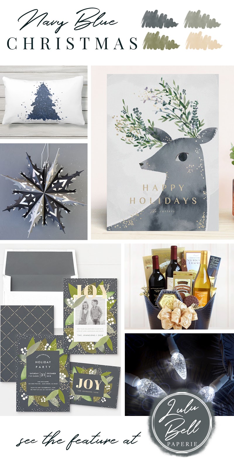 Olive Green, Gold, and Navy Blue Christmas Color Palette Inspiration - Throw Pillow, Deer Christmas Card, Paper Snowflake, Joy Stationery Set, Wine Gift Basket, and Holiday Lights