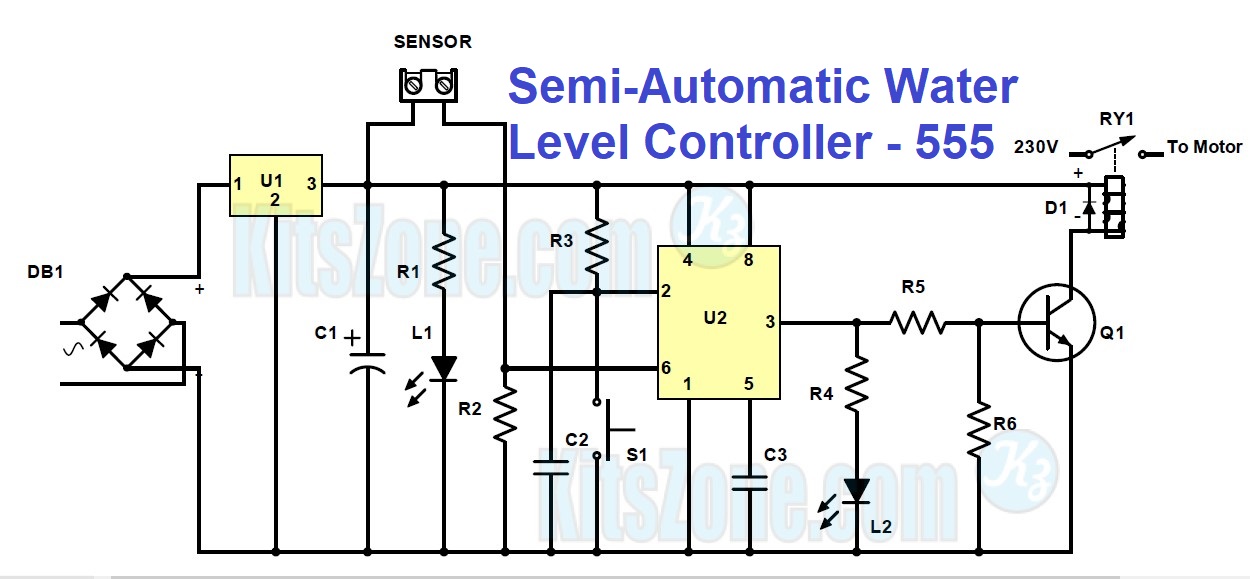 Semi-Automatic Water Level Controller Circuit Project Using 555 Timer
