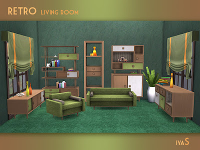 Retro Living room Ретро Гостиная для The Sims 4 Уютная и полезная мебель в стиле ретро для вашей гостиной. В набор входит 10 предметов. В хранилищах и сервантах есть слоты для вашего любимого беспорядка. Автор: soloriya