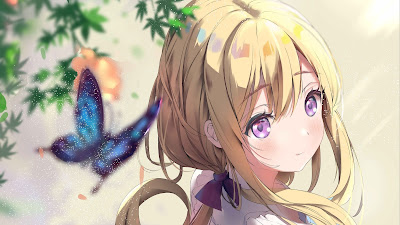 Butterfly, blond hair, purple eyes, Anime girl Butterfly, blond hair, purple eyes, Anime girl