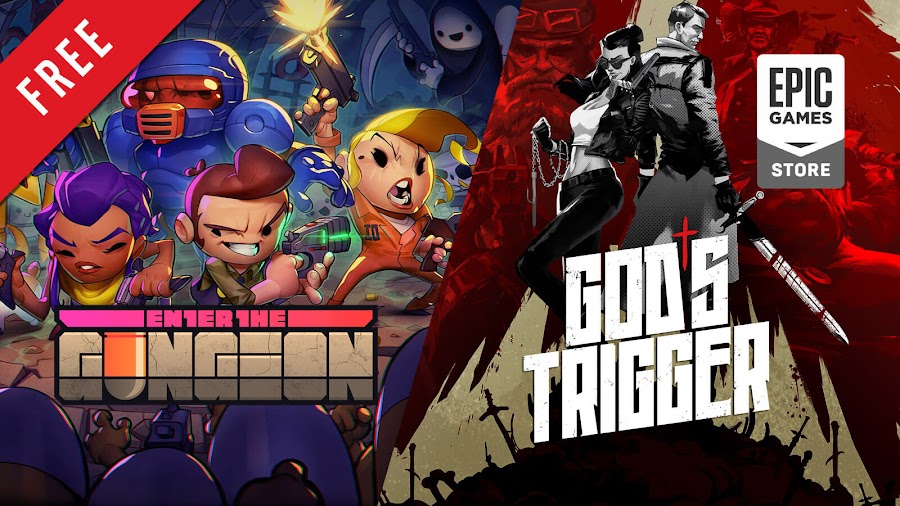 enter the gungeon god's trigger free pc game epic games store bullet hell dungeon crawler over-the-top indie roguelike action game dodge roll devolver digital one more level techland