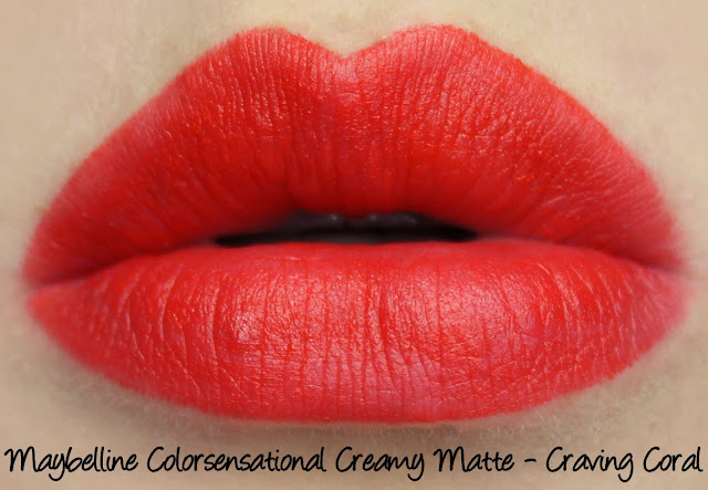 Maybelline Colorsensational Creamy Matte Lipstick - Craving Coral Swatches & Review