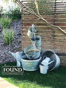 salvaged, junk, junking, diy, garden, backyard decor, home decor, farmhouse style, rustic style, galvanized buckets, fountains, repurposed, diy, spring decorating, industrial style