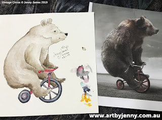 watercolour painted artwork featuring a bear on a tricycle by Jenny James copyright 2019