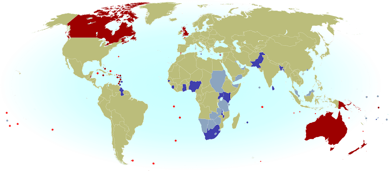 World map showing the entire reign of Queen Elizabeth II (1952-2012), marking current and former realms and territories.