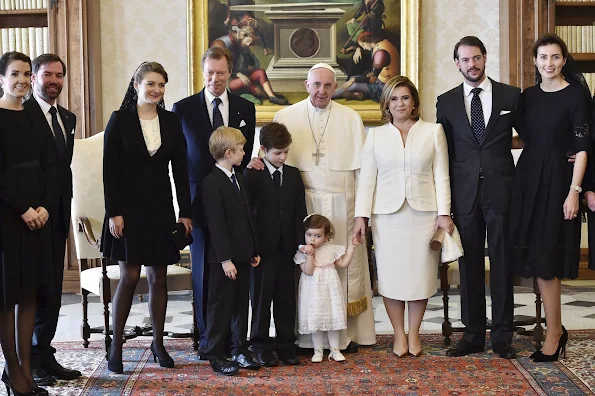 Grand Duke Henri, Grand Duchess Maria Teresa, Hereditary Grand Duke Guillaume, Hereditary Grand Duchess Stephanie, Prince Félix, Princess Claire, Princess Amalia, Prince Louis, Princess Tessy, Prince Gabriel of Luxembourg, Prince Noah of Nassau, Princess Alexandra and Prince Sébastien of Luxembourg, Pope Francis Vatican