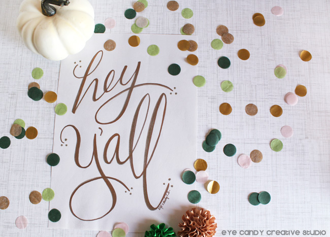 fall colors, white pumpkin, hand lettered art print, gold letters, poms