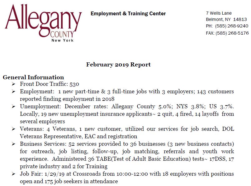 Wellsville Regional News (dot) com Allegany County Monthly Report Employment & Training Feb