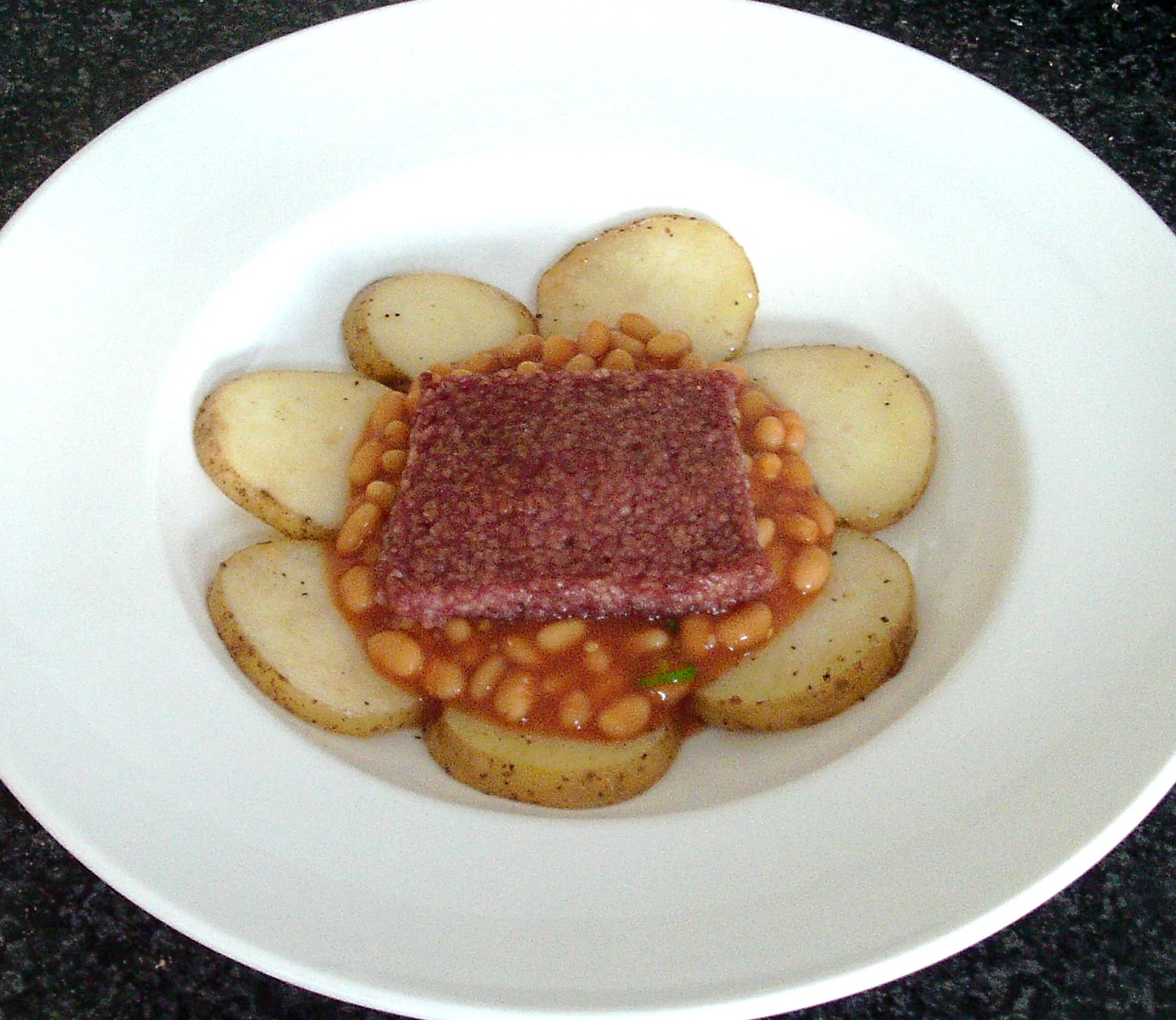 Modern Scottish Food and Recipes Sausage, Fried Potatoes and Spicy Beans