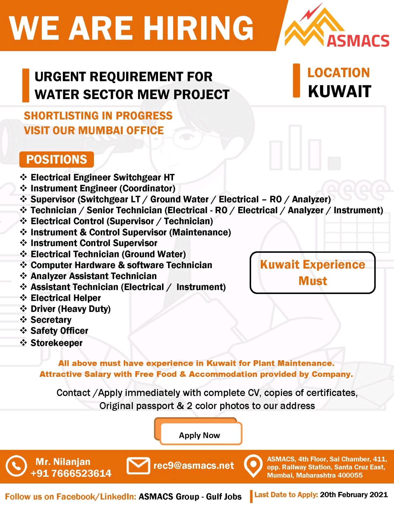 URGENT REQUIREMENT FOR KUWAIT WATER SECTOR MEW PROJECT JOBS Your