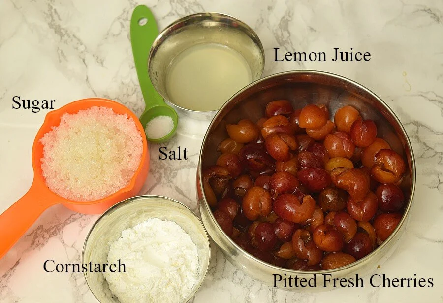 ingredients - cherries,sugar,salt,cornstarch,lemon juice to make cherry filling