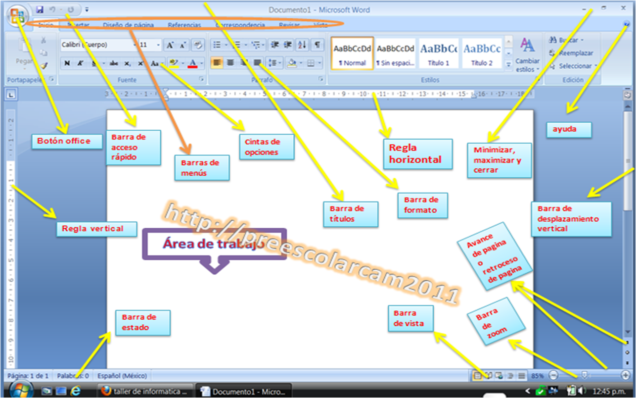 TALLER COMPUTACIÓN LIC. PREESCOLAR: PARTES DE LA VENTANA WORD 2007