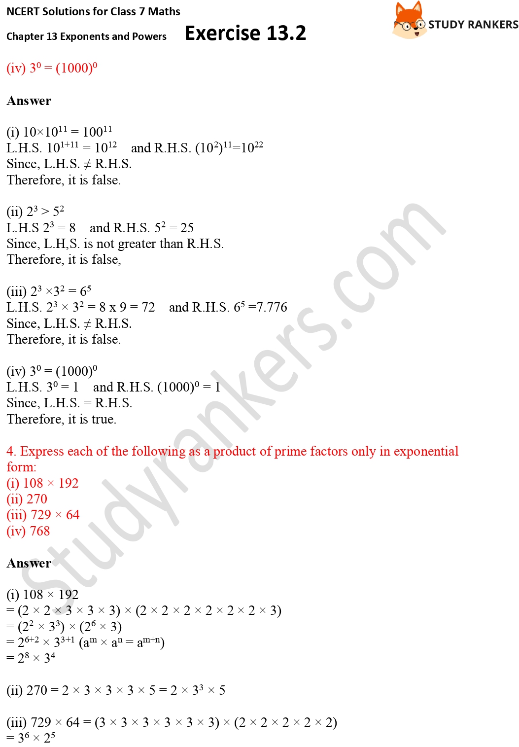 NCERT Solutions for Class 7 Maths Ch 13 Exponents and Powers Exercise 13.2 Part 3