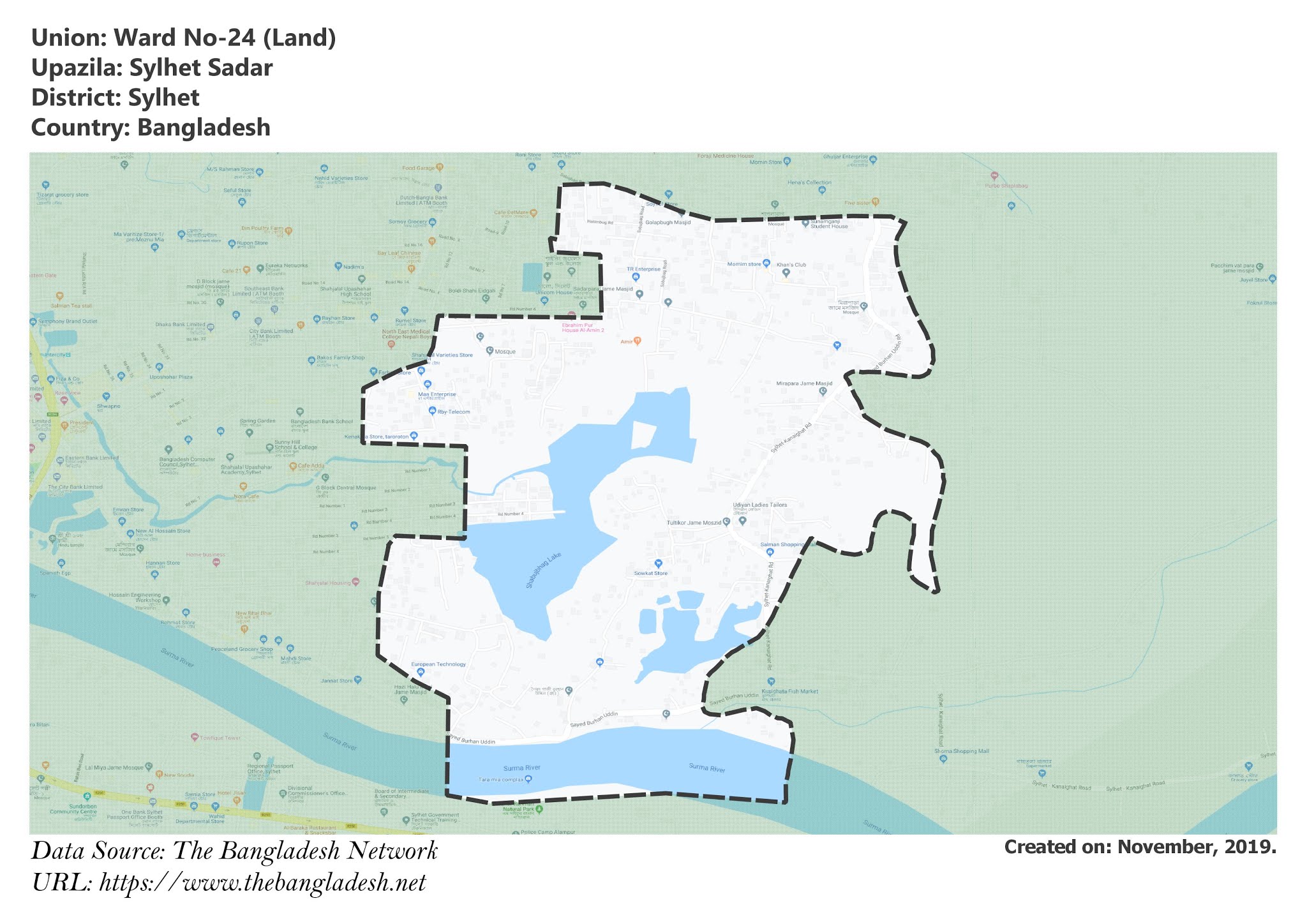 Map of Ward No-24 of Sylhet, Bangladesh.