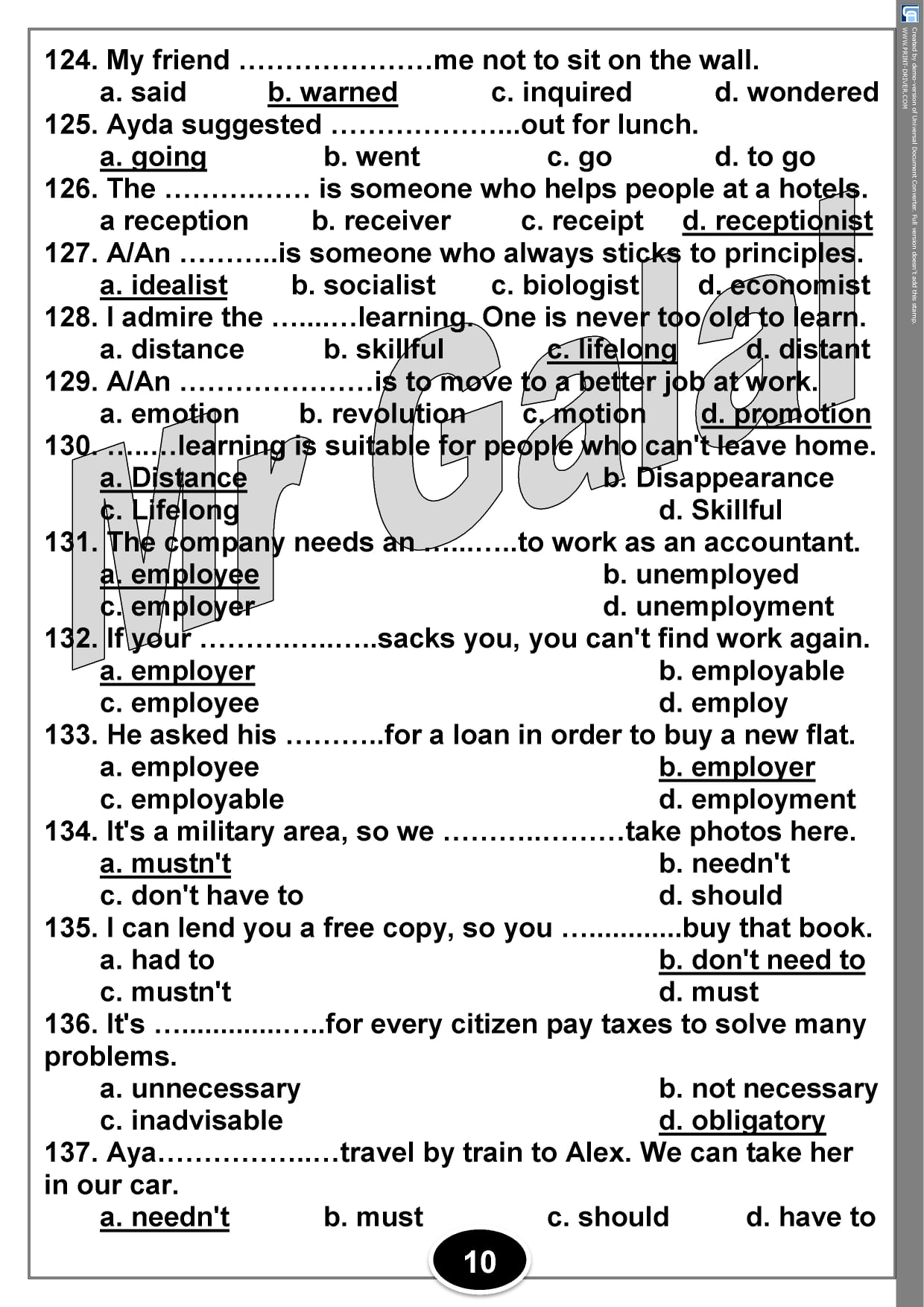 210 جملة اختيارى قواعد وكلمات بالاجابات على منهج اللغة الانجليزية الـ 16 وحده ثالثة ثانوي 11