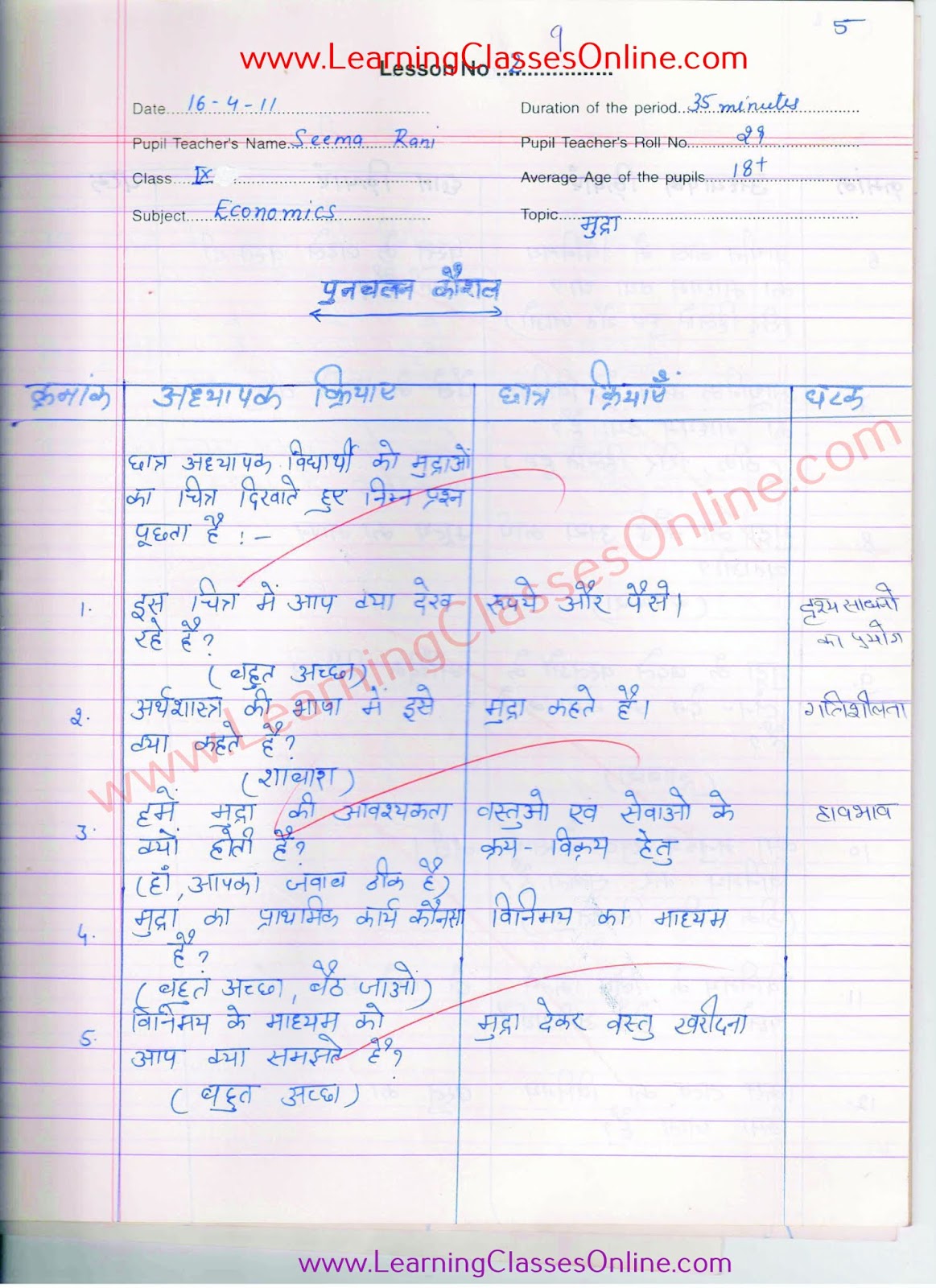 Microteaching Lesson Plan Of Economics in Hindi skill of reinforcement in economics in hindi