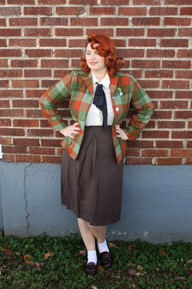 plus size vintage style pendleton 49er jacket 1940s skirt and pin curls