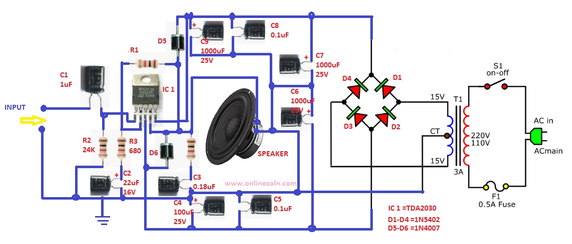 Audio amplifier using TDA2030 | 14 watts + 14 watts at 4 ohms speaker