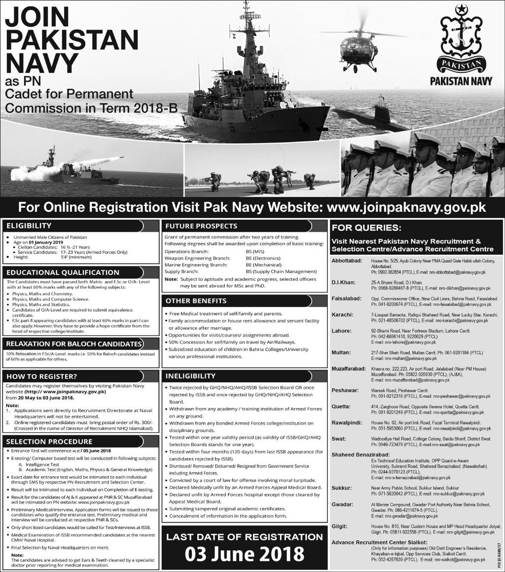 Join Pakistan Navy As PN Cadet For Permanent Commission in Term 2018-B