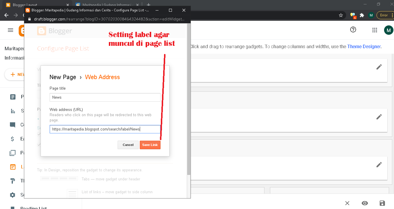 masukkan link address label ke external link