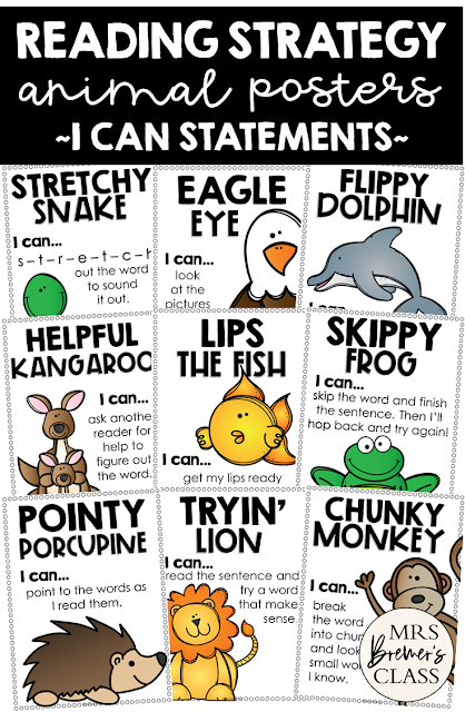 Reading Strategy classroom posters with I Can Statements for each strategy. Display in the classroom for student reference and learning. An educational display for use in Kindergarten and First Grade. Hang as you set up your classroom for back to school. No prep- just print and go!