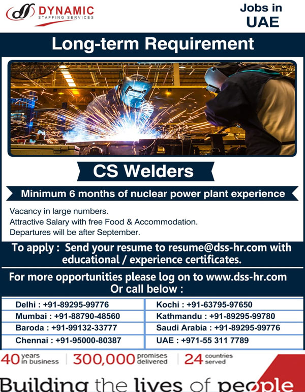 CS Welders Jobs in UAE Large Number of Vacanices for Long Term