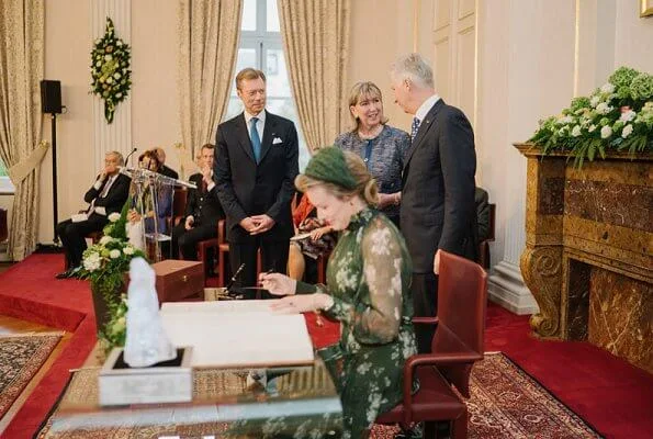 Queen Mathilde wore a floral print dress by Natan. Grand Duchess Maria Teresa. Princess Stephanie