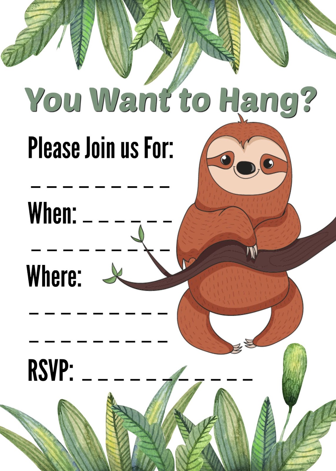 Paper Party Supplies Sloth Template 4x6 5x7 Zoo Invitation Sloth 